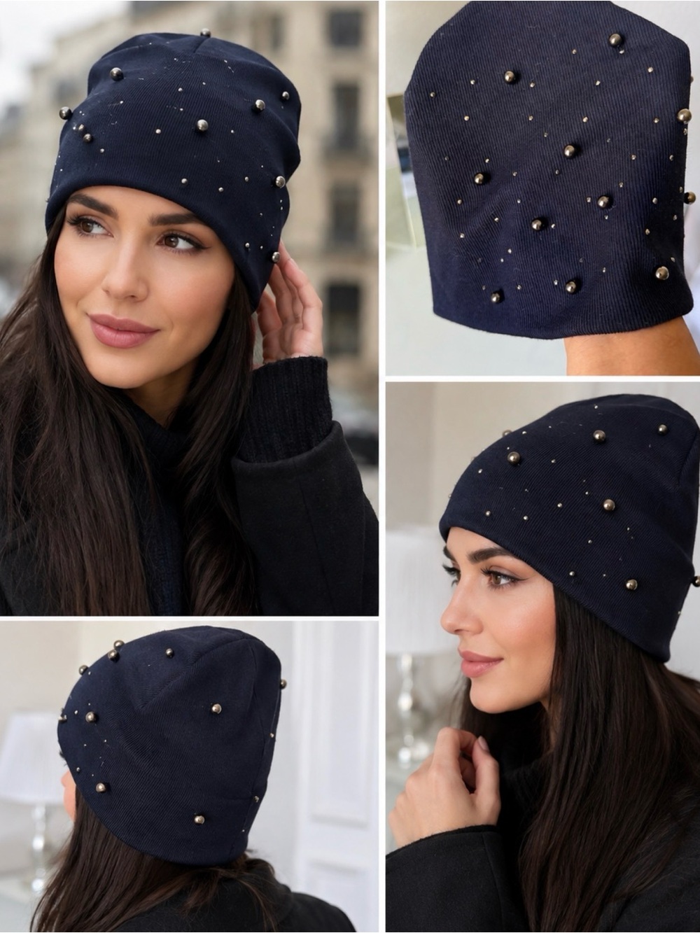 Navy Pearl-Embellished Beanie Hat - Women's Winter Accessory